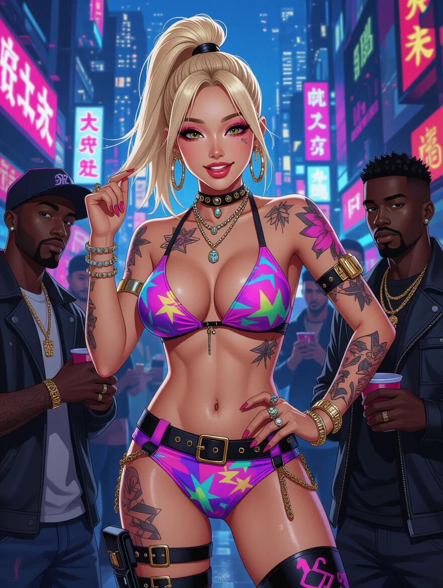 Asian model in vibrant bikini poses in a cyberpunk city filled with neon lights. Model has a high blonde ponytail and colorful makeup. Tattoos are visible on the model's body. Exciting scene with urban ambiance. Models show attitude influenced by nightlife culture.