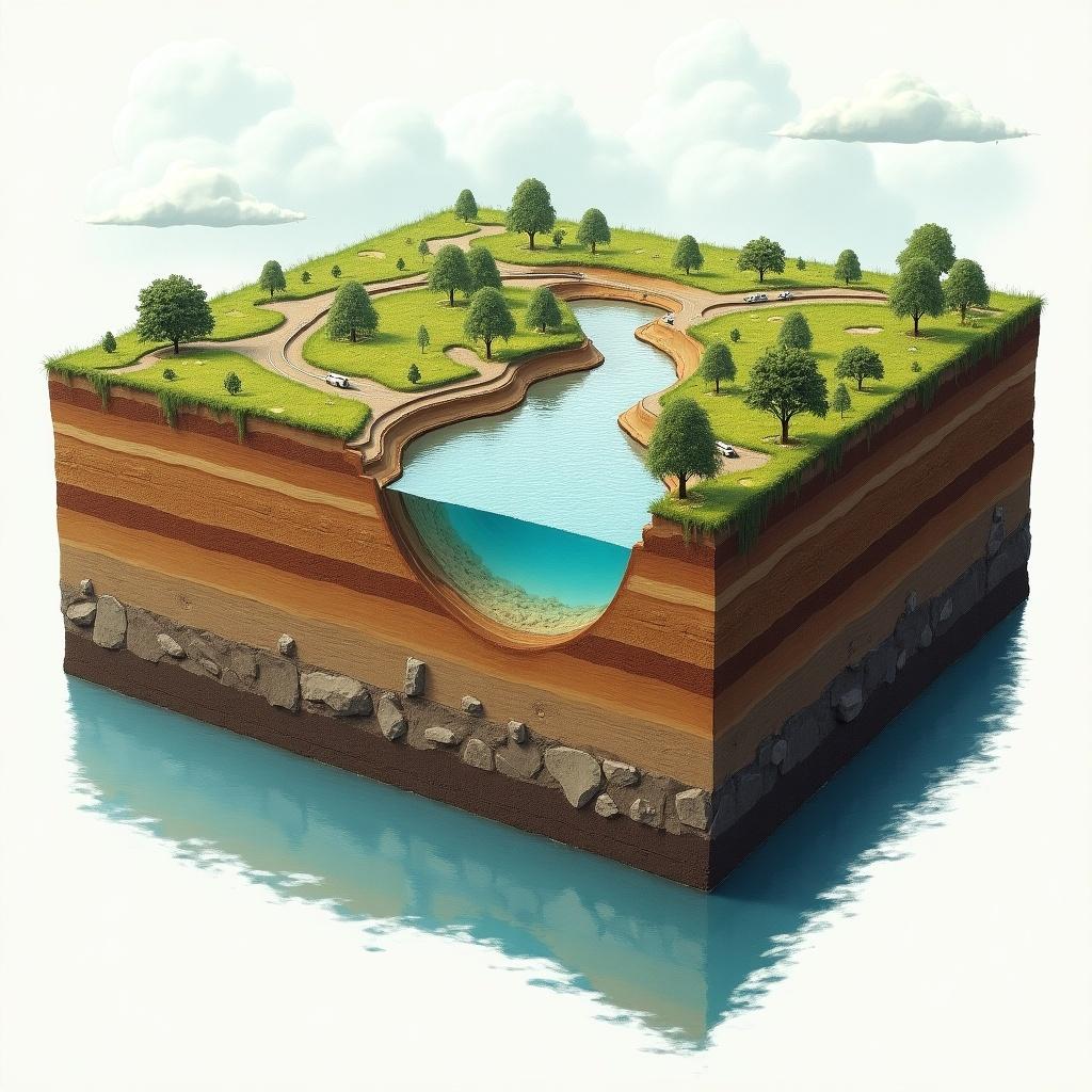 Create a hydrogeological cross section of Sokoto Basin Nigeria showing the layers of soil, water bodies, trees, and land features.