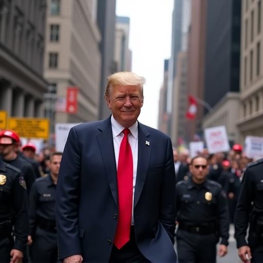 Donald Trump walks confidently on Fifth Avenue New York City. He wears a dark suit and red tie. Security guards in black uniforms stand beside him. Crowds chant USA while others hold protest signs. Taxis and news helicopters create noise. Trump smiles at cameras while greeting a street vendor. Skyscrapers loom in the background including Trump Tower.