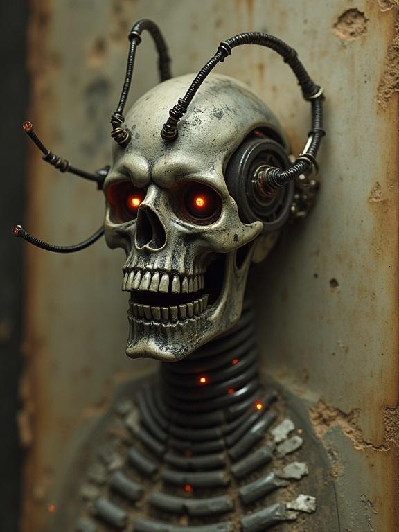 Menacing cybernetic implant with a skull. Vintage photograph background enhances the eerie look. Metallic tendrils twist around with glowing lights. Captures both futuristic innovation and retro nostalgia.