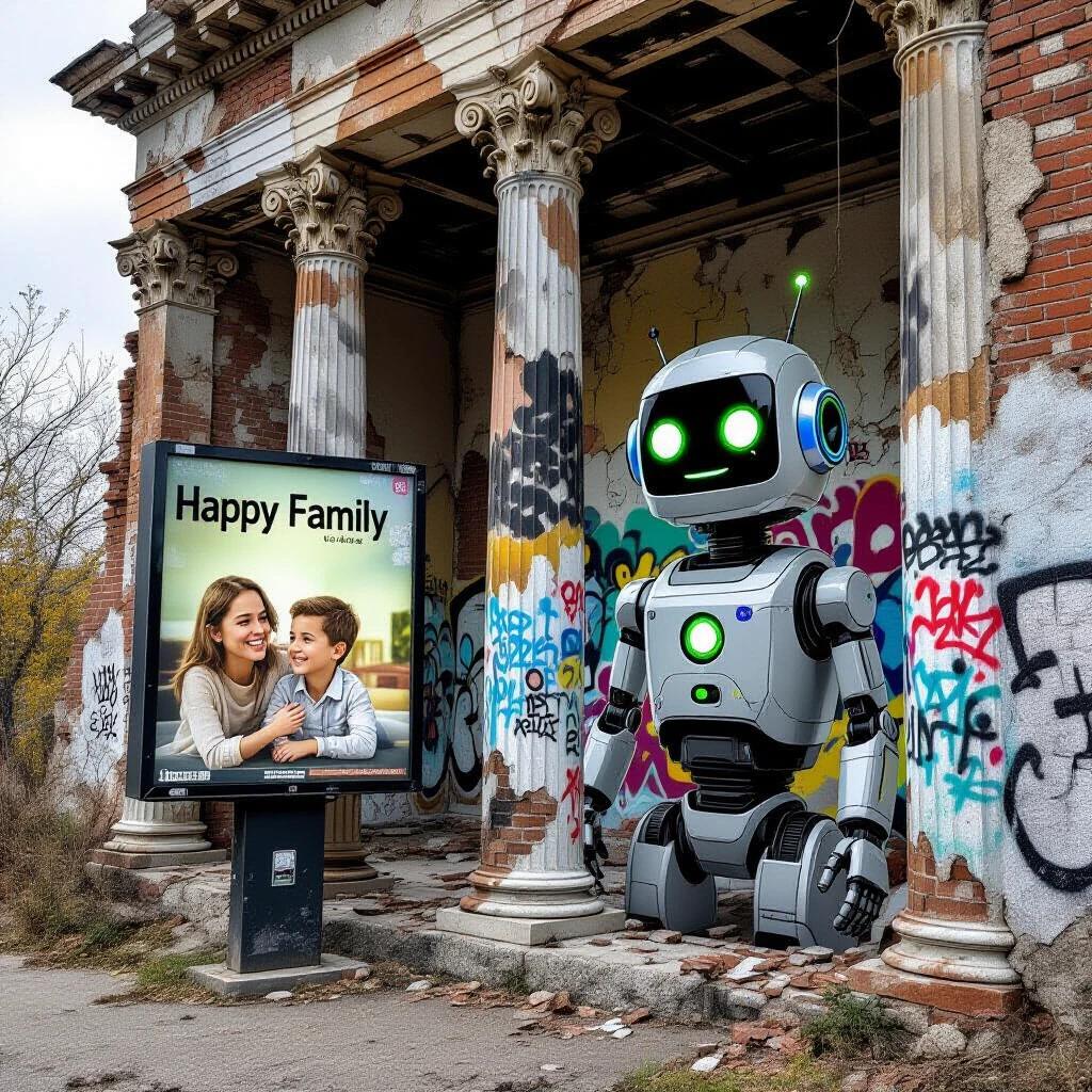 Ruined facade features cracked walls and sturdy columns. Graffiti symbols adorn the columns. A dilapidated billboard displays a happy family with a domestic service robot. The robot has a joyful expression and green lights in its eyes. The environment shows a blend of hope and neglect.