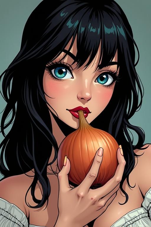 A woman with dark hair and blue eyes holds an onion. She is illustrated in a comic style. The focus is on her upper body and the onion in her hands.