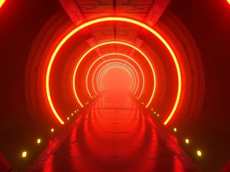 Long tunnel designed in Cyberpunk style. Vibrant shades of red orange yellow dominate the lighting effects. Tunnel has a spiraling ring structure. An endless mirror effect creates a void perspective. Sevenfold multi-strobe laser beams shoot down the tunnel. Fog and rain effects contribute to a moody atmosphere. Cinematic look reminiscent of Tron Ares.