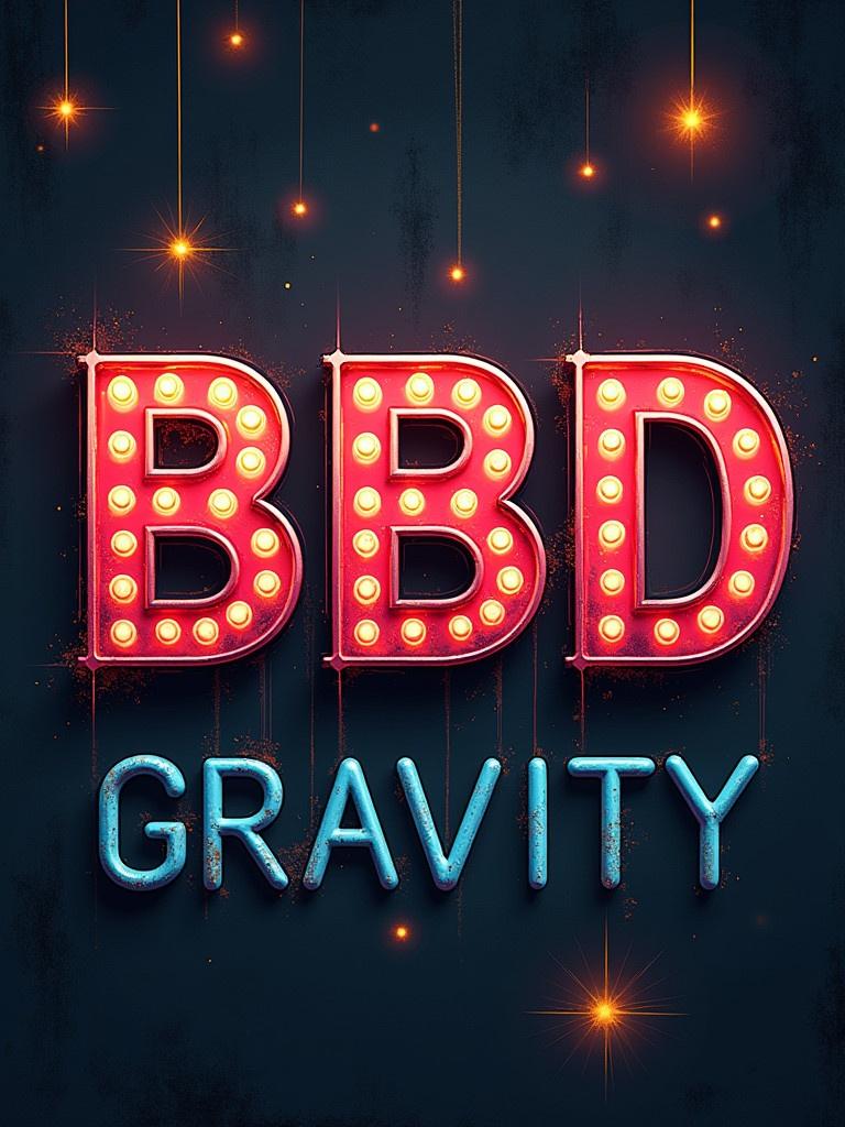 Text design featuring BBD and gravity theme. Fun and vibrant vibe with bright neon colors. Text is illuminated with light bulbs and sparkles.