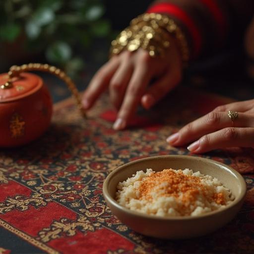 A close-up shot featuring a table set with a decorative cloth. A bowl of food is in focus, surrounded by elegant hand gestures. Elements of fortune-telling are present, creating a warm and inviting atmosphere.