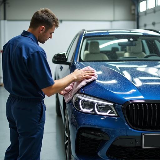 Image showing a person inspecting a car after cleaning it. The car is shiny and well-maintained. The inspection process is visible. The setting is a clean indoor garage.