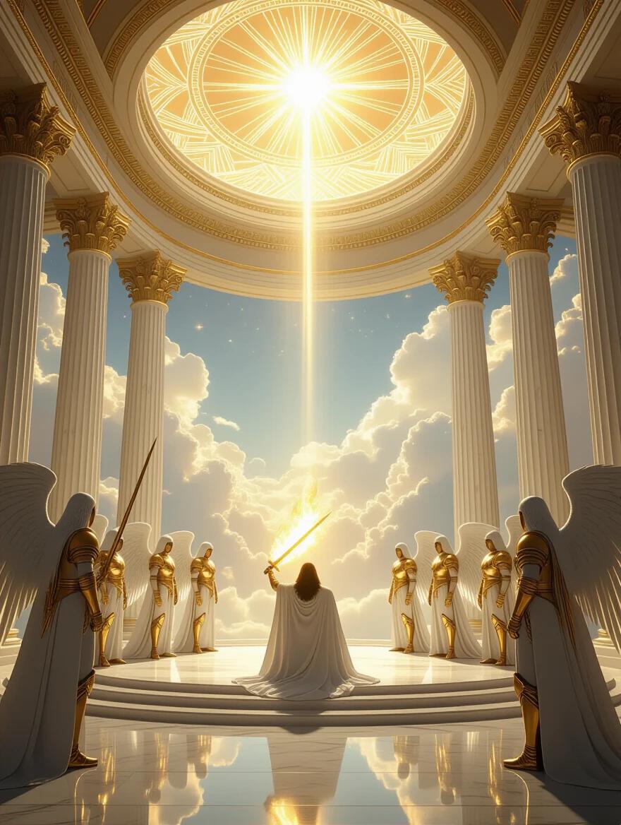 A celestial courtroom embodies majestic atmosphere. Golden light casts across white marble columns. Archangels stand vigil in radiant armor. Central figure Sariel kneels in silence. High Seraph raises a flaming sword for judgment. Surreal sky filled with clouds and symbols enhances the scene. Cinematic style with ultra-realistic detail.