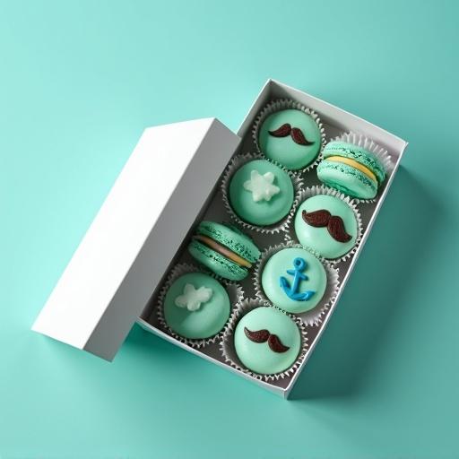 A flat lay image features an open white gift box filled with 12 light teal macarons. Each macaron is in a fluted paper liner. Dark brown chocolate mustaches and a dark blue edible anchor decorate some macarons. There are hints of cream filling. The box rests on a solid darker teal background illuminated with soft lighting.