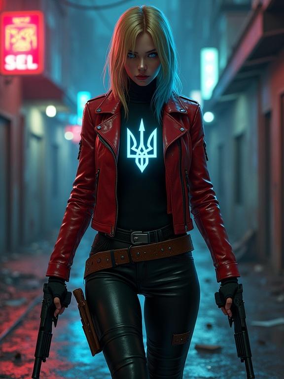 Hyper-realistic digital artwork of a fierce female mercenary in a gritty urban alley at night. She has split-colored hair. She wears a red leather jacket and a black turtleneck with a glowing Ukrainian trident. Her outfit includes black leather pants and thigh holsters. She holds two tactical rifles with a determined expression and piercing blue eyes. The background is dark with wet pavement reflecting neon signs. The lighting is low with harsh shadows and a blue-green palette.
