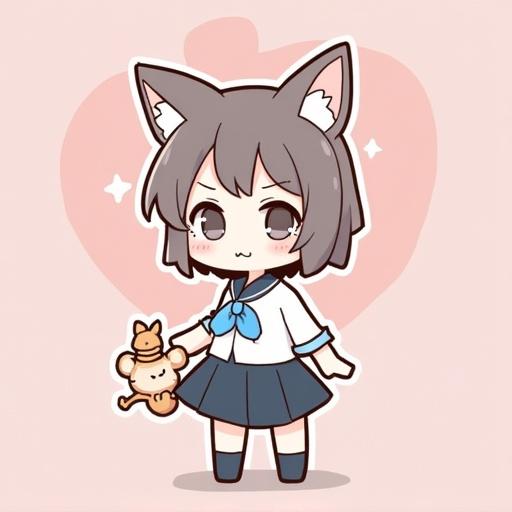 Create a cute cat-eared girl mascot character illustration. The character has short hair, wears a school uniform, holds a toy monkey. Background is soft pink with heart shape.
