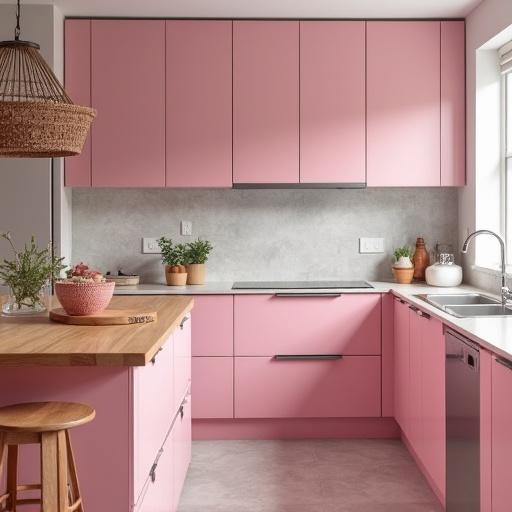 A modern pink kitchen with wooden bar stool. Contemporary design includes pink cabinets and gray countertops. Natural light illuminates the space.