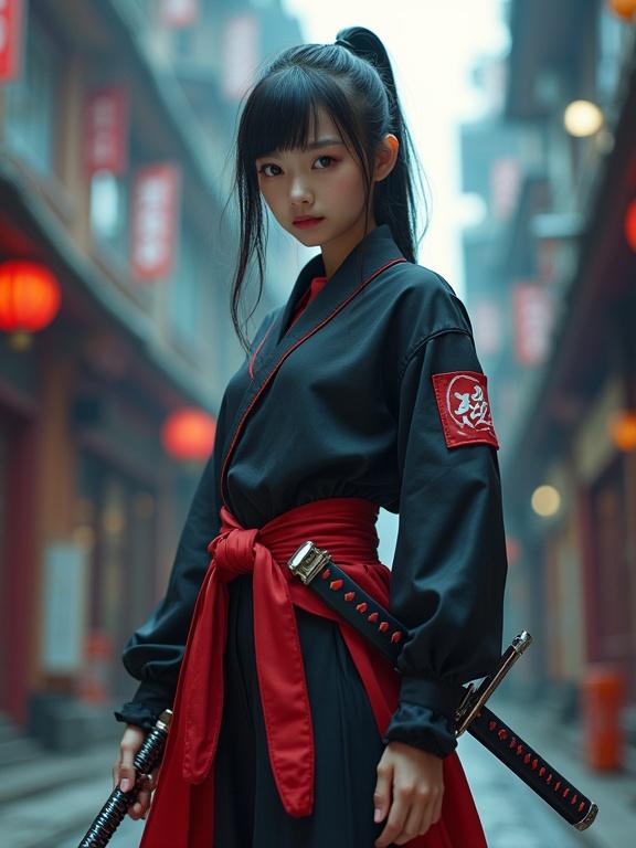 A young Asian woman stands in a low-angle full-body shot. She holds a katana sword. Dressed in a futuristic battle school uniform. The setting has a cinematic quality with volumetric lighting. Detailed textures and subtle chromatic aberration are visible.