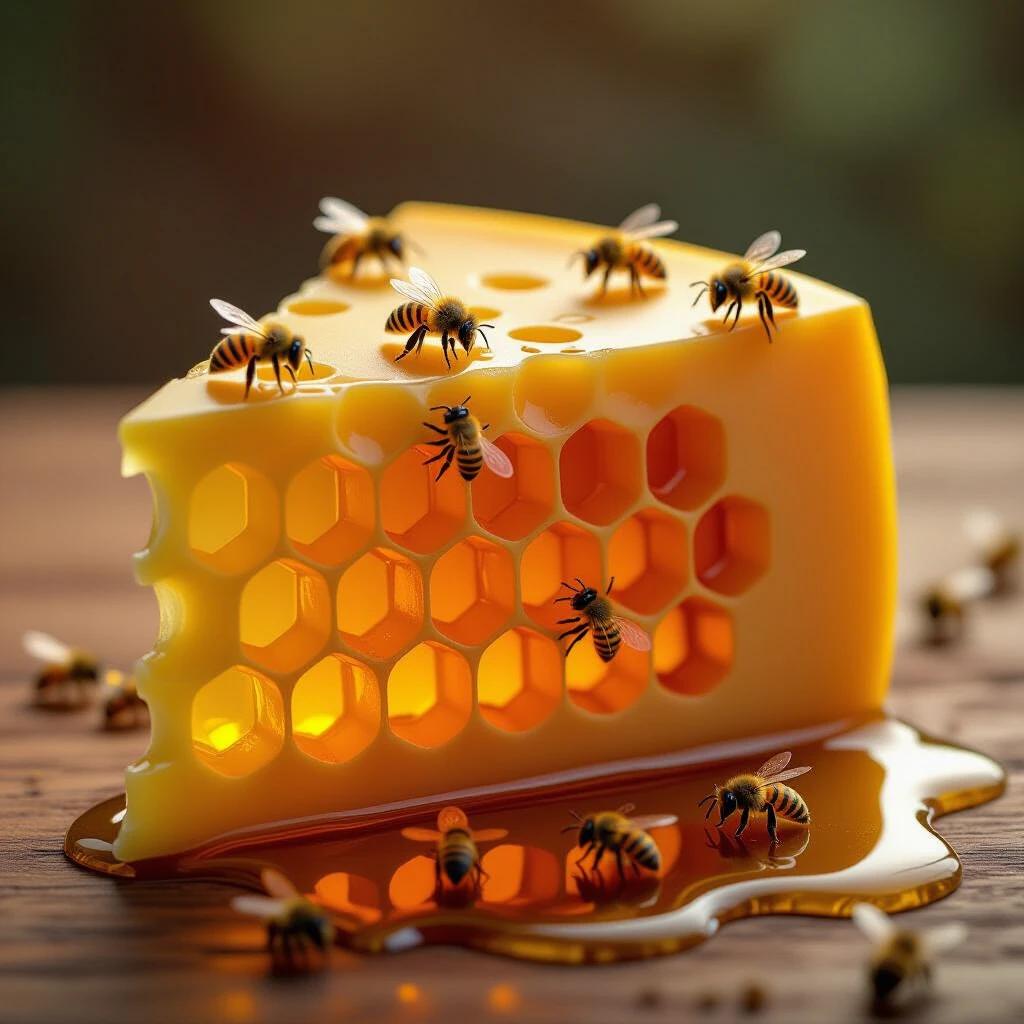 Striking image of a cheese wedge made from honeycomb. Rich amber nectar oozes from hexagonal cells. Tiny bees crawl over the surface, showcasing macro food-fantasy. Rendered in photoreal nature surrealism style.