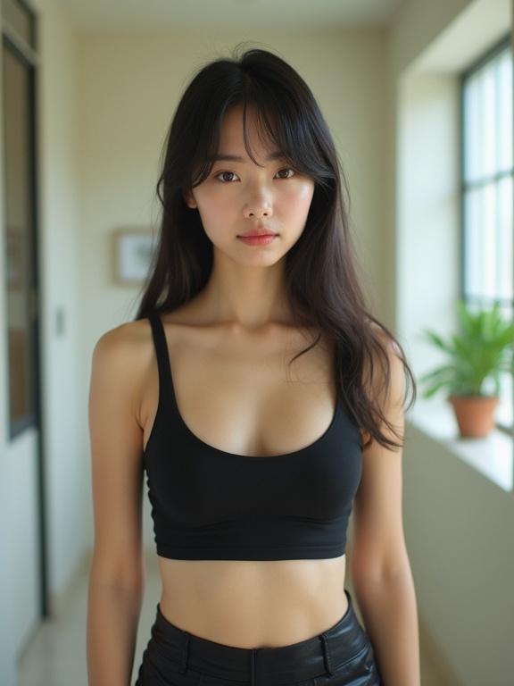 Full body image of a woman in a black tank top and slim pants. She has a full bust and slim waist. The setting is bright with a plant in the background. The image has a low resolution and pixelated appearance, with bright colors indicative of early Instagram filters.