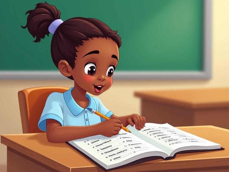Illustration showing young Nigerian primary school student at a wooden desk with open textbook in front of her. Textbook displays a sentence structure table with organized words. Student holds pencil and points at words in the table. Classroom background includes green chalkboard.