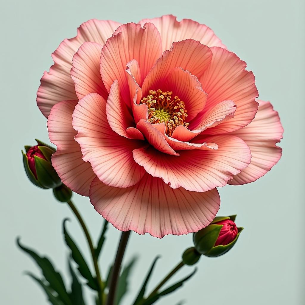 Close-up of a large pink carnation flower. Petals have delicate ridges and soft gradients. Flower sits on a light background with green stems.