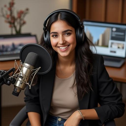 Young woman in a podcast studio with headphones. Wearing a blazer and t-shirt with jeans. Smiling and speaking into a microphone. Background includes lighting and real estate visuals.
