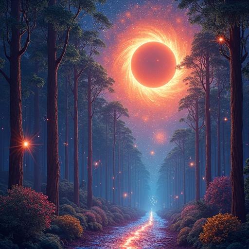 Lush alien forest made of silicon-based life forms. Forest features fractal patterns and radiant light. Three suns eclipse in the background. Pathways of light connect elements. Vertical crystals with symbols rise from the ground. Souls dissolve and turn into stars. Colors are pastel with smooth gradients. Themes of interconnectedness and cosmic existence are explored.