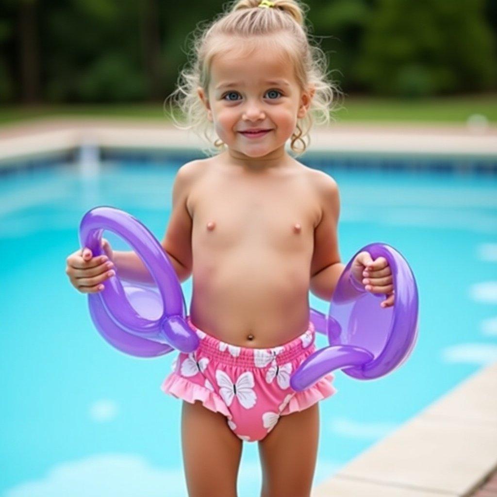 10 year old girl standing next to pool wearing pink diaper and purple floaties holding them in hands facing camera