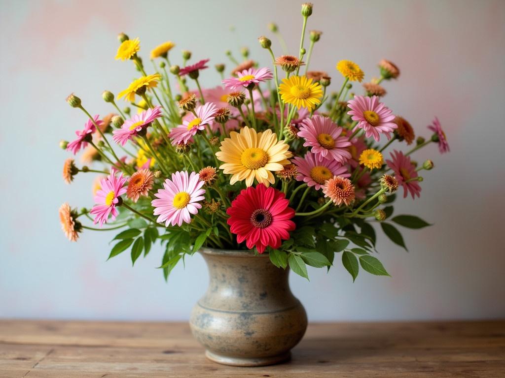 A wildflower bouquet in a rustic vase sits beautifully on a wooden table. The arrangement includes a variety of colorful flowers, with shades of pink, yellow, and red. Delicate daisies and vibrant blooms create a cheerful and lively display. The background features a soft, muted color, enhancing the beauty of the flowers. Lush green leaves and stems peek out from the arrangement, adding to its natural charm.