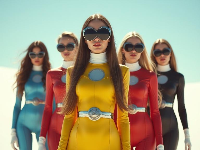 Cinematic image of five female figures in sleek space age suits. Suits are vibrant colors like red, blue, yellow, and black. Figures have long hair and wear futuristic visor sunglasses. They stand in a bright, sunny desert backdrop. Focus on realism and details in textures and lighting effects. High dynamic range captures vibrant visuals.