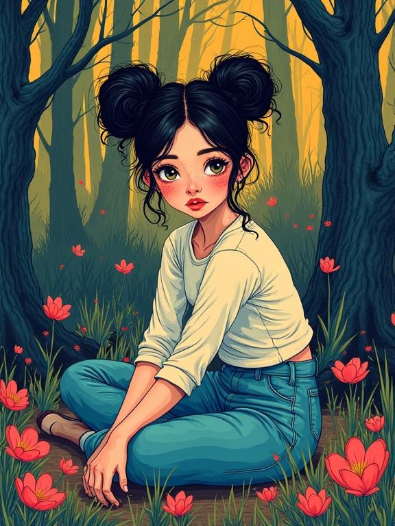 Colorful 2D illustration of a female character with subtle masculine traits sitting in a forest. Character has a lustful melancholic expression with space buns hairstyle and freckles. Scene is backlit with strong contrasts and vibrant tones. Character gazes at viewer. Inspired by Chiara Bautista's surreal style.
