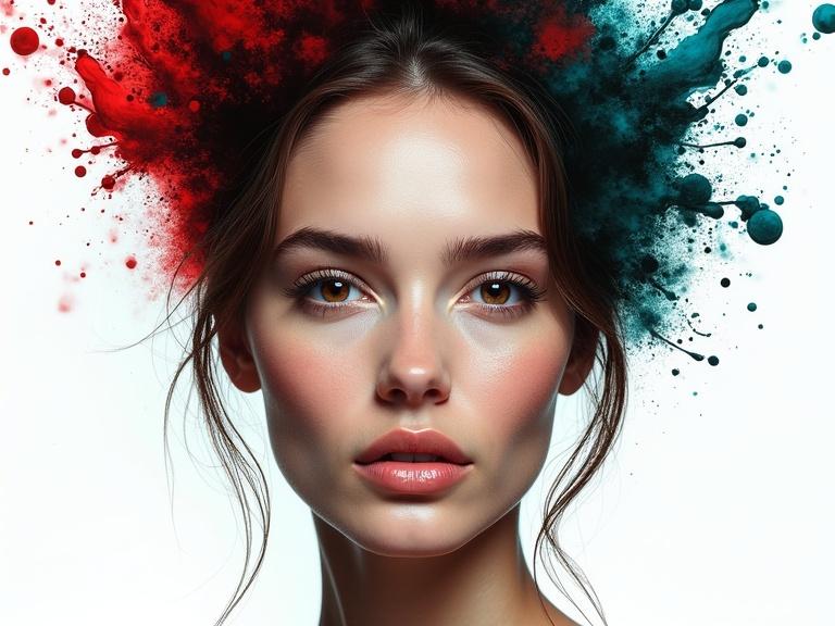 A hyper-realistic digital portrait of a beautiful woman. Symmetrical facial features, deep expressive brown eyes, soft natural makeup. Blending into a surreal explosion of colorful ink splashes in red, teal, and black. High-detail realism with modern art elements. Clean white background emphasizes the contrast. Cinematic lighting and high contrast focus on facial features.