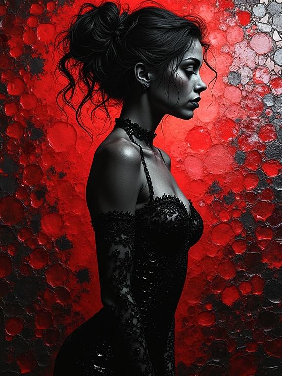 Silhouette of a beautiful Gothic woman dressed in black against a dark red abstract background. The image evokes mystery and intrigue. High contrast black and white rendering captures the essence of film noir.