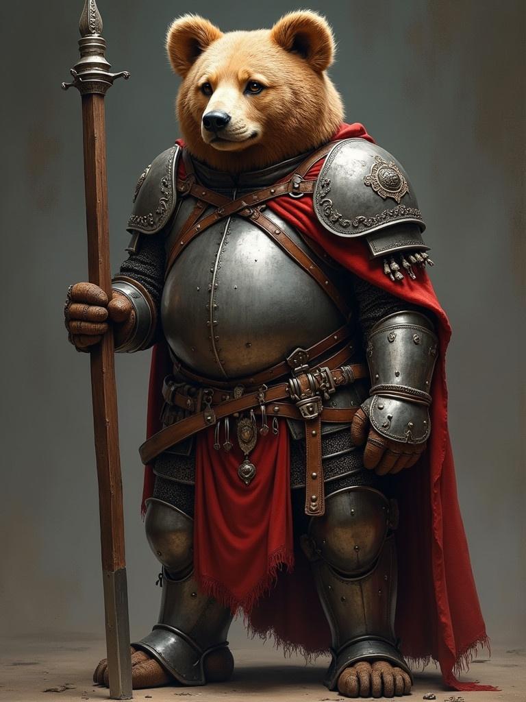 A bear dressed in medieval armor standing confidently. The bear wears a red cape and carries a spear. The armor is shiny and detailed. The background features a neutral tone to emphasize the bear.