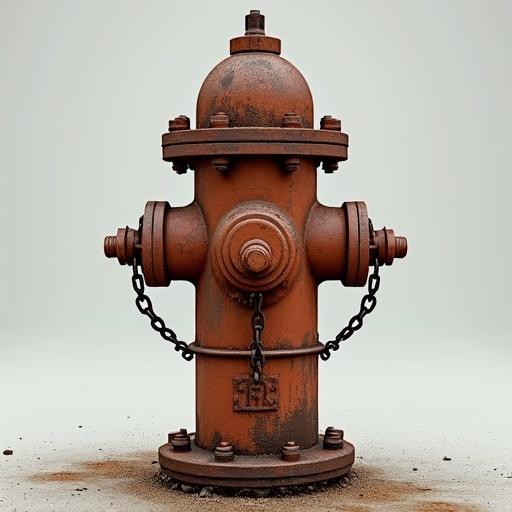 A detailed image of a rusty fire hydrant. The hydrant is heavily corroded with a textured surface of rust. It has chains attached and stands on a patch of ground. The background is simple and light.