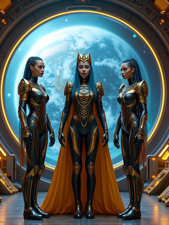 Three women stand in a futuristic spaceship. Central woman wears a black and gold armored suit with Egyptian designs and a flowing golden cape. She has a golden crown. Two women on either side wear matching armored suits with helmets. Each holds advanced rifles. They have long blue braids. A large window shows Earth and distant planets against a starry space background. The interior features metallic walls and glowing accents.