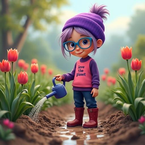 A girl tending to her garden. She waters vegetables, muddy ground around her. Boots covered in brown mud. Girl has blue-framed glasses and light purple hair in a ponytail. She wears a purple beanie, dark pink shirt stating I love the planet, navy blue track pants, and muddy dark red wellies.