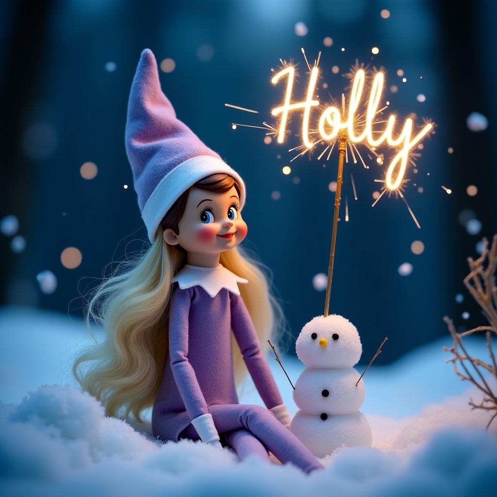 A lilac girl Elf on the Shelf with long blonde hair, blue eyes, in a snowy woodland at night with a snowman and the name Holly sparkling in the sky.