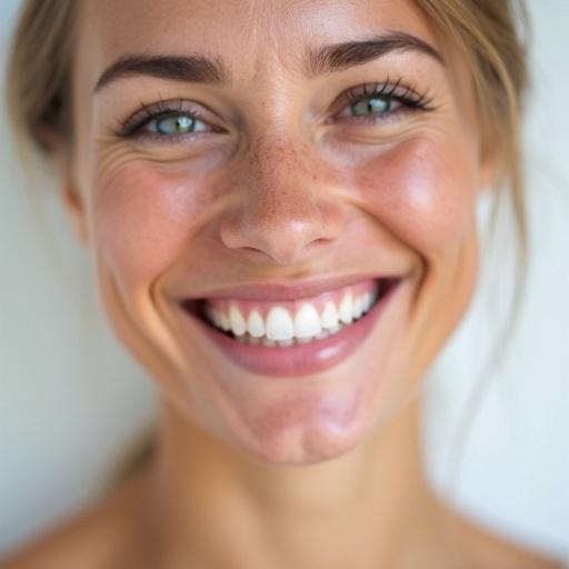 Woman with fair skin. Smiling with teeth visible. Face viewed from the front. Bust shot. High quality resolution.