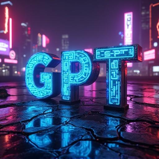 Cyberpunk style glowing text featuring GPT直通车. Neon glowing mechanical font includes circuit board patterns and sharp edges. Decorated with metallic rivets and glowing pipes. The scene has cold blue neon light from below and warm red laser light from the top right. There is a pixel glitch effect on the text edges and a floating binary code in the semi-transparent font. In the foreground, broken electronic screen fragments are present. A night cityscape with LED billboards fills the middle ground, and the background features a purple ionized sky with holographic projections. Dark background and ultra-detailed visuals with cinematic lighting and dynamic blur effects on the text outlines.