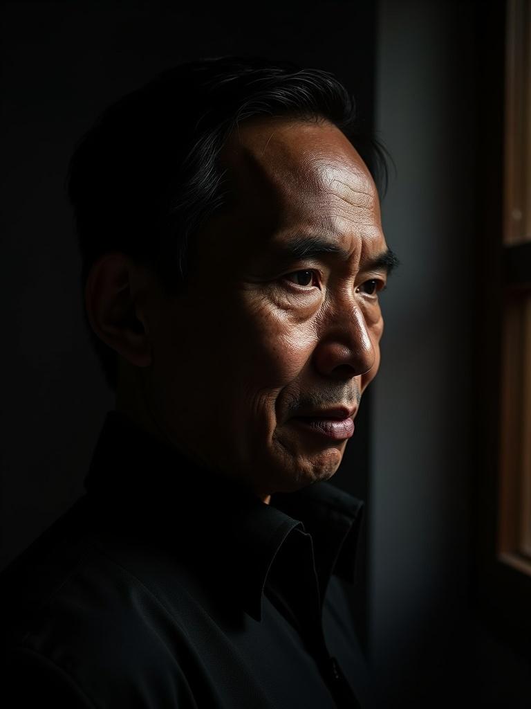 Dramatic portrait of Joko Widodo showing a profile with half face in shadow. Camera angle aimed toward window. Styled like Yousuf Karsh portrait photography.