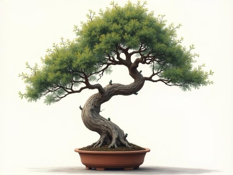 Fine art print features a realistic bonsai tree with sparse leaves. Artwork highlights a high-contrast hand-painted acrylic style. The tree has a wonky, gnarled trunk and rests in a simple clay pot.
