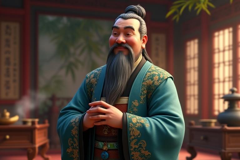 3D animated portrait of Confucius in Disney-Pixar style. Features thick black-gray hair in a bun and flowing silver-gray beard. Deep brown eyes and curved smile. Wears a blue robe with golden embroidery and black sash. Holding bamboo scroll, gazing leftward. Background shows ancient study with wooden screens and incense burner. Moonlight casts shadows.
