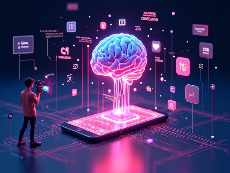 Futuristic digital illustration of glowing For You Page. Surrounded by floating data streams of user interactions. Algorithm brain with neural network connections behind the screen. Creator filming video with dynamic visuals and text overlays. Icons like watch time graphs likes shares and CTAs flow toward the algorithm.