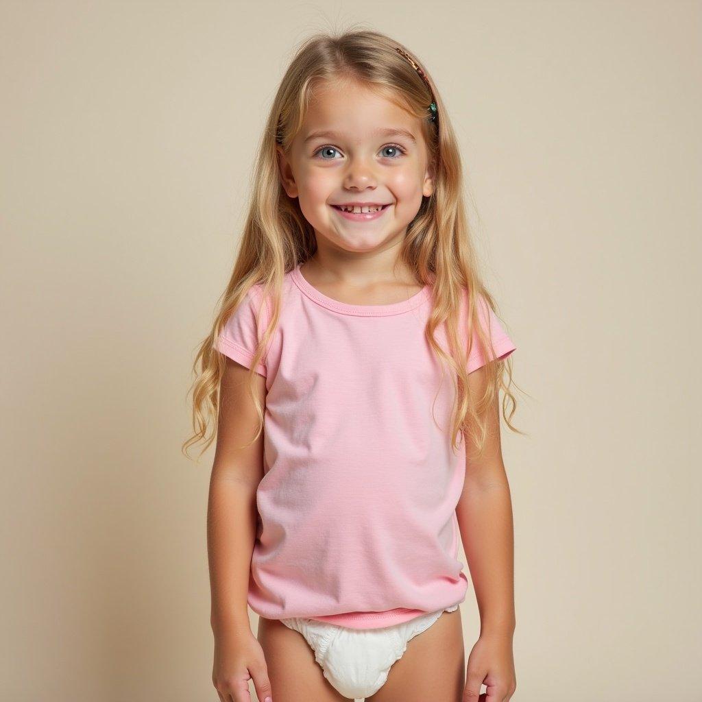 Seven year old girl with long blond hair wearing casual pink t-shirt and diaper. She has a sweet and playful expression, standing in front of neutral background.