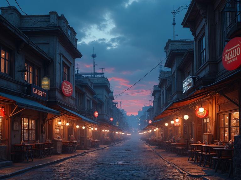 A marketplace street scene set in the year 3025 under a twilight sky. Features old space station architecture with cobblestone streets and illuminated storefronts.