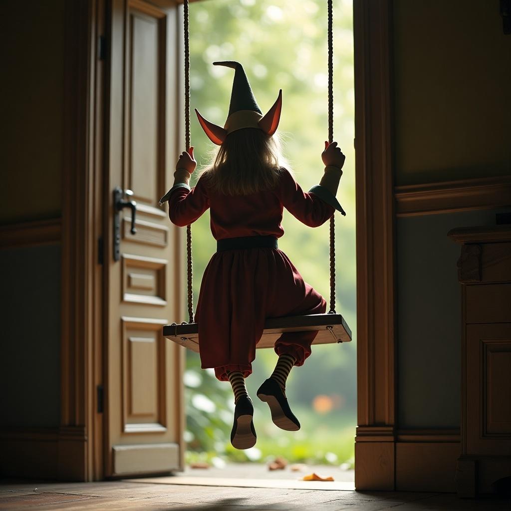 Elfin character swings gently from a doorframe. Swing hangs from the door in a warm, softly lit room. Character appears joyful while enjoying the motion outdoors. Elf wears traditional garb including pointed hat. Inspiring imagery blends childhood joy with holiday themes.