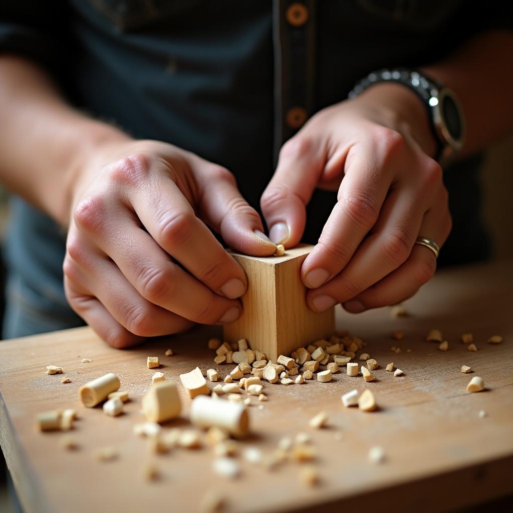 This image features the hands of a person carefully carving a wooden piece on a workbench. Scattered wood chips are visible around the workspace, illustrating the crafting process. The focus is on the skilled techniques used in woodworking. The warm tones of the wooden material highlight the craftsmanship involved. Natural light enhances the textures of the wood and the details of the hands at work.