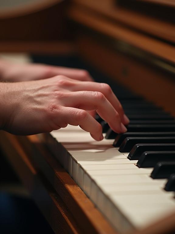 Close-up shot of hands skillfully playing the piano keys. Focus on fingers and keys of the piano. Warm and inviting atmosphere.