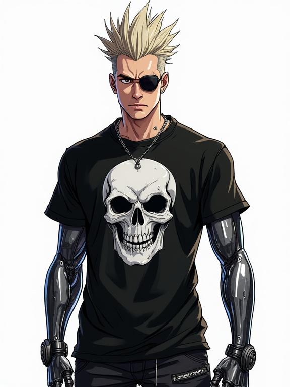 Cyberpunk man with rough look wearing sleeveless black t-shirt featuring a skull. He has spiky hair and one chrome-plated arm. The style reflects 90's anime. White background provides contrast.