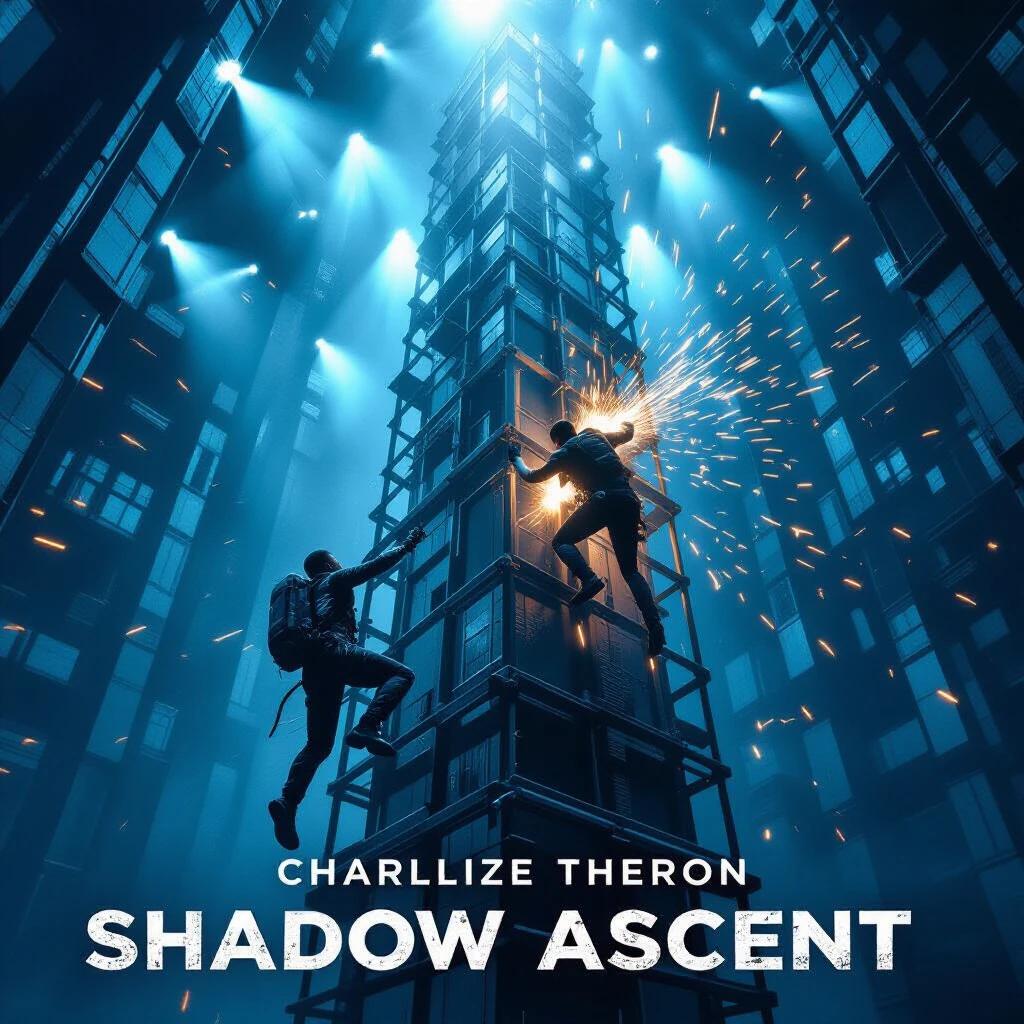 Charlize Theron fights mid-ascent on a steel scaffold. Daniel Kaluuya climbs a towering wall lit by spotlights and sparks. The scene depicts a dystopian mega-prison vertical cityscape. The lighting is industrial with blue tones and orange sparks. High tension is evident in the action.