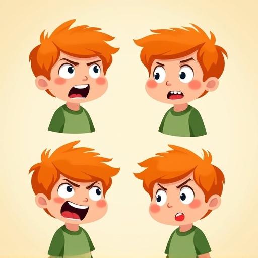 Cartoon illustration of a young boy with orange hair and green shirt showing four facial expressions: happy, surprised, angry, sad. Background is beige. Style is playful and expressive.