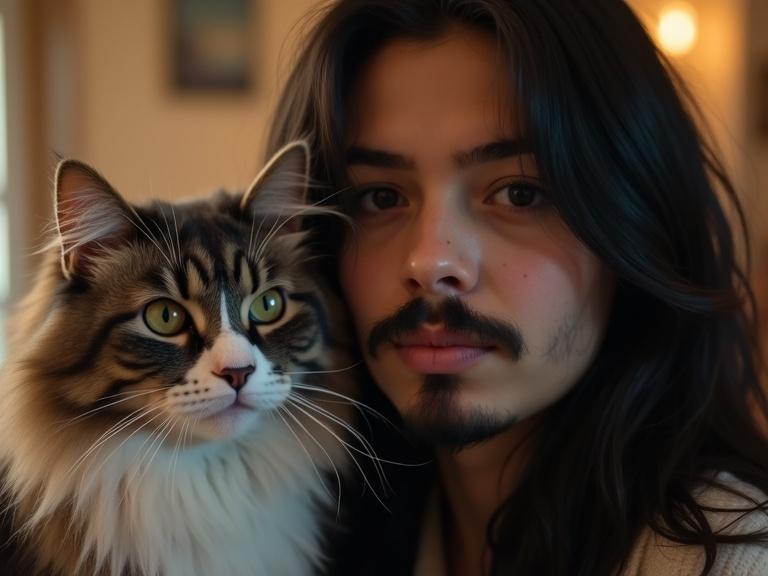 Close-up portrait of a young adult with long black hair, mustache and goatee alongside a cat. The cat has a fluffy coat and striking green eyes. The background is softly blurred.
