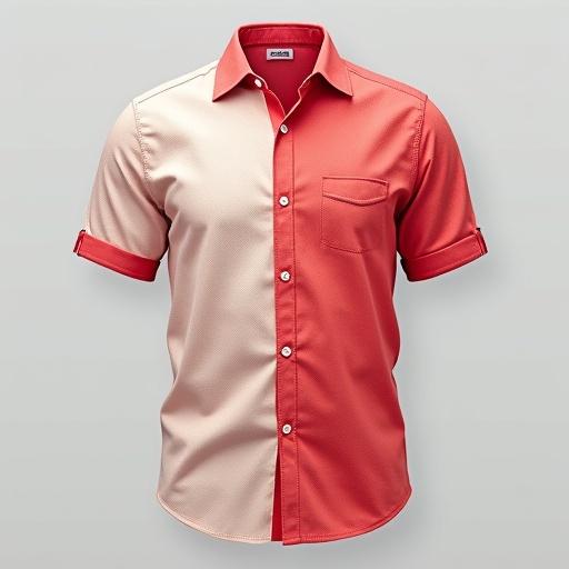 Dress shirt with short sleeves and a spread collar. Colors are red, cream, and salmon. The shirt is cropped and normal fit. Displayed on a light gray background with no patterns or texts.
