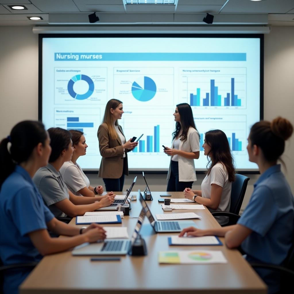 A professional meeting room with nursing professionals discussing research results. Women presenting data on a screen. Group of nurses at a table with laptops. Charts and graphs displayed on presentation. Focus on collaboration and learning.